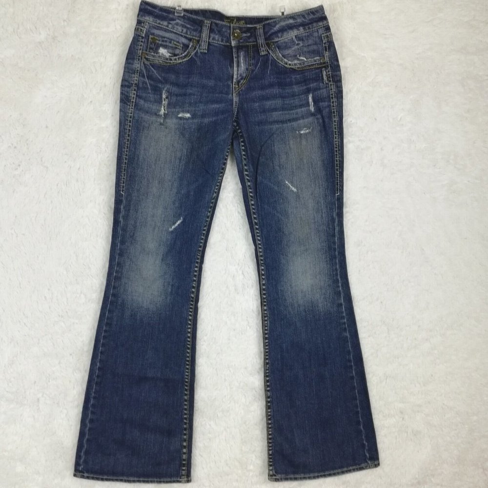 Silver Jeans Womens Lola Flare Blue Denim Ripped Stone Wash Low Rise Stretch 28